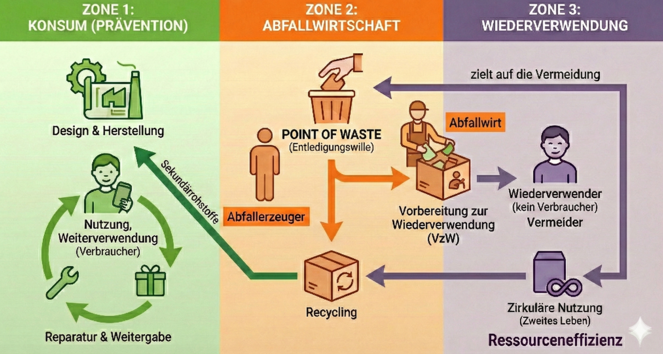 Die 3 Zonen der Kreislaufwirtschaft 3 Zonen der Kreislaufwirtschaft: Zone 1 Konsum, Zone 2 Abfallwirtschaft (VzW) und Zone 3 Wiederverwendung durch den Vermeider.