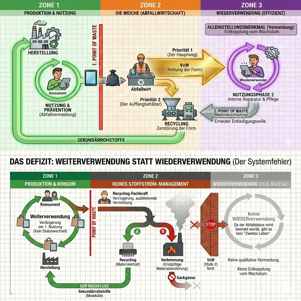 Die Abweichung von der AbfRRL Vergleich Kreislaufsysteme: Erfolgreiche VzW in Zone 2 führt zur Wiederverwendung vs. Systemfehler ohne VzW führt zur Materialzerstörung