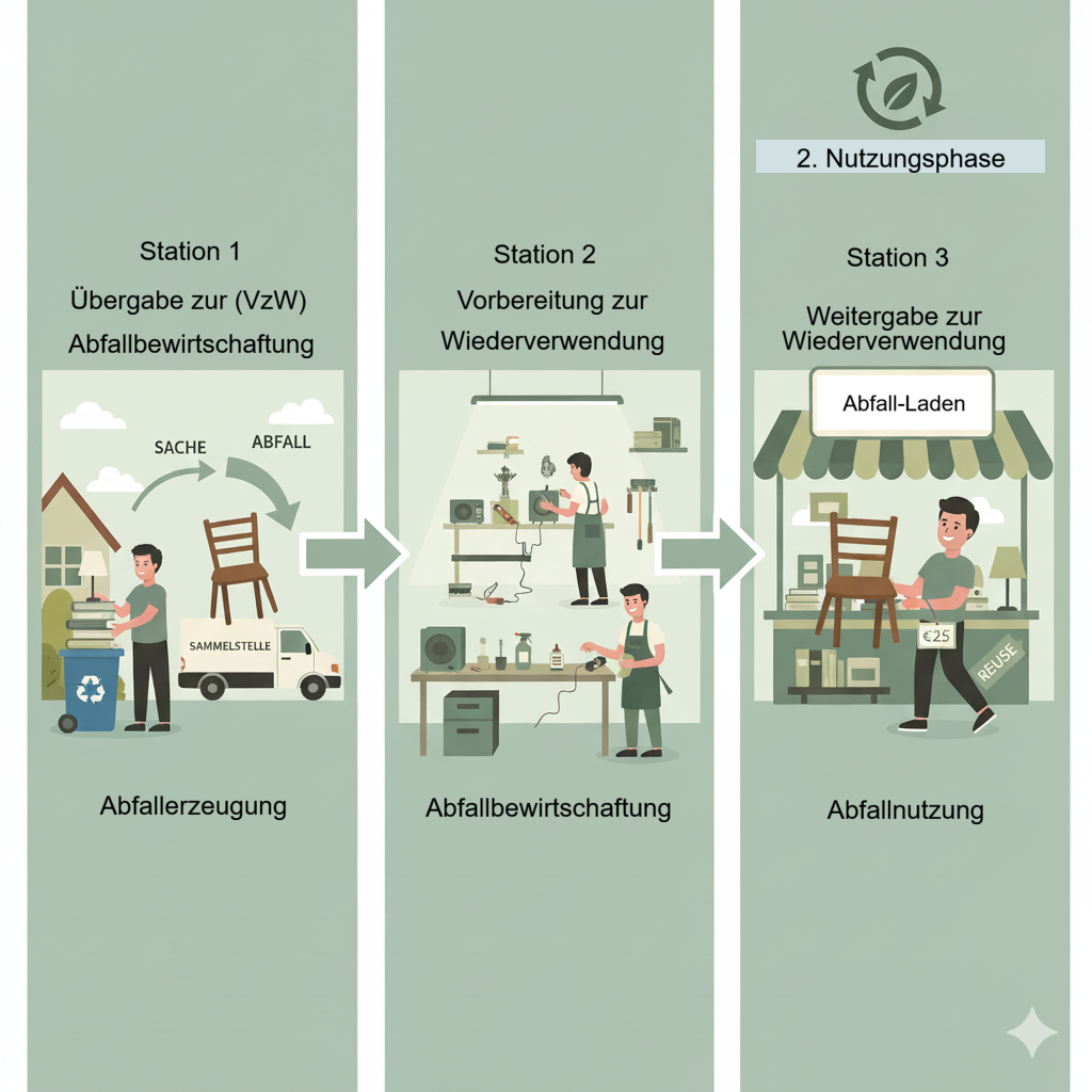 Prozess der Vorbereitung zur Wiederverwendung (VzW) 3 Stationen der VzW: Von der Abfallerzeugung über die handwerkliche Aufbereitung zur Nutzung im Abfall-Laden.