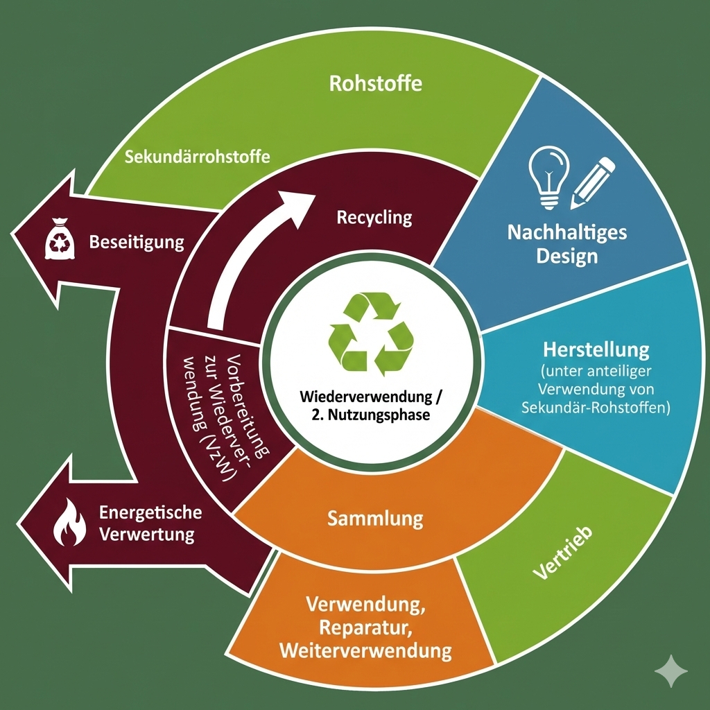 Kreisdiagramm der Kreislaufwirtschaft Kreislauf-Diagramm mit Circular Use: Die handwerkliche VzW als Bindeglied zwischen Abfallwirtschaft und der 2. Nutzungsphase.